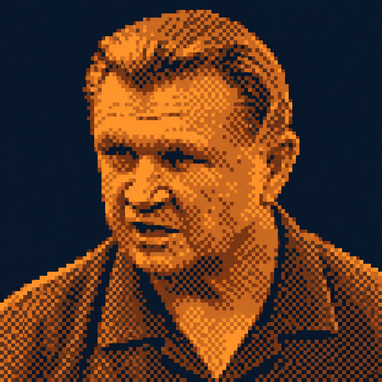 Mike Ditka, in a coarse orange and navy newspaper-style treatment of a U.S. Navy photograph.